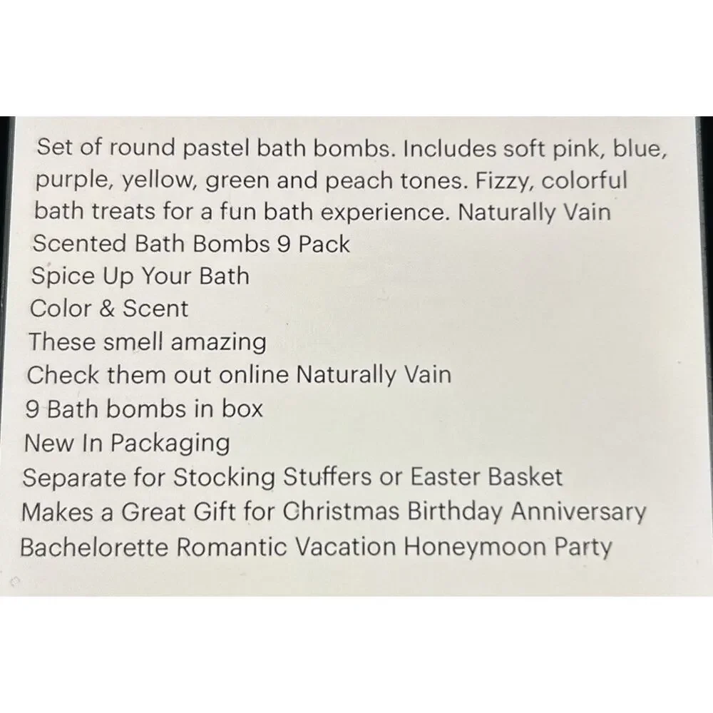 Naturally Vain Luxury Bath Bomb Set 9Pack Assorted Scents Non Staining